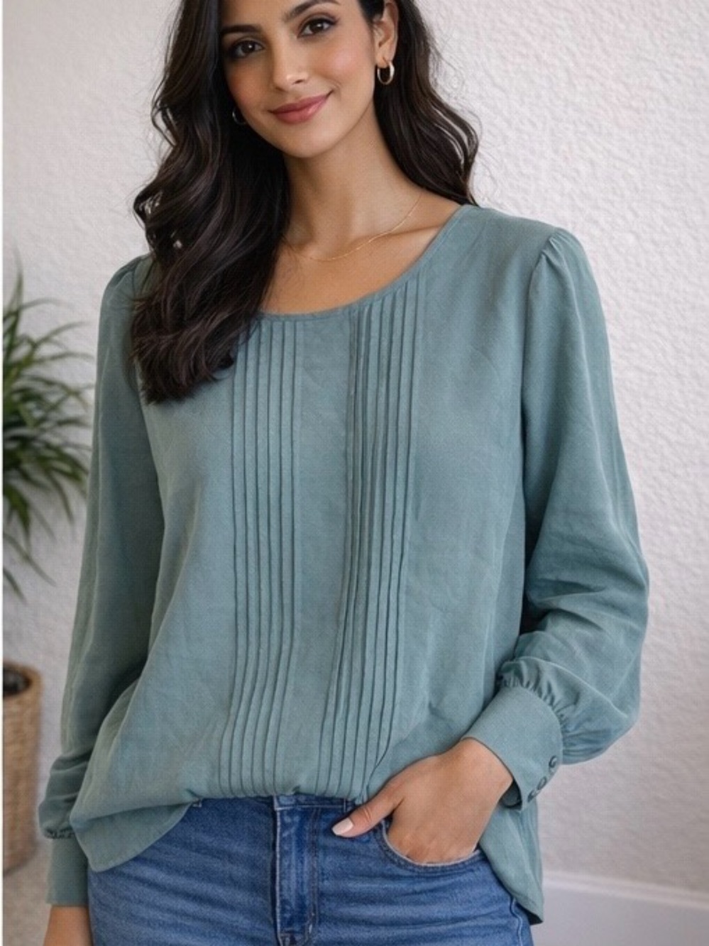 Ann Taylor Women’s Sage Pintuck Long-Sleeve Blouse